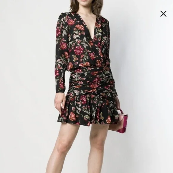 ALC Haven Dress Black Floral Silk Long Sleeve Mini‎ V-Neck Sz 6